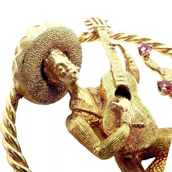 Authentic! Rudi Cherny 18k Yellow Gold Guitar Player Cactus Ruby Pendant - Picture 7 of 13